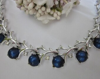 Vintage Coro Rhinestone Necklace silver and blue
