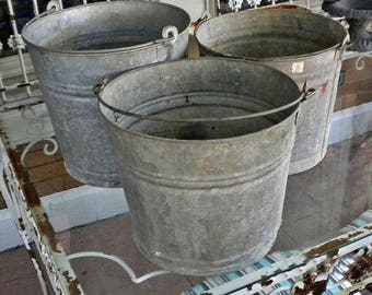 Vintage Galvanized Metal Farm Bucket, Farmhouse Chic, French Zinc Pail, Old Garden Pail