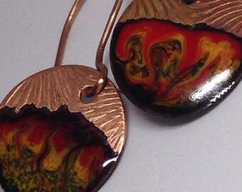 Fire earrings enamelled copper