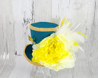 Teal, Yellow, and Gold Flower and Feather Large Mini Top Hat Fascinator, Alice in Wonderland, Mad Hatter Tea Party, Derby Hat