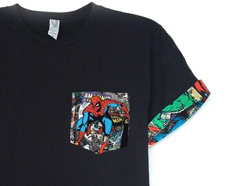 Marvel Shirt, Spiderman Shirt, Spiderman Pocket Roll-up T-Shirt, Avengers T-shirt, Super Hero T-shirt, Spiderman Pocket Shirt