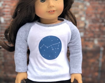 Doll Clothes | Trendy Gray Heather Big Dipper Graphic Long Sleeve Fitted BASEBALL TEE for 18 Inch Dolls