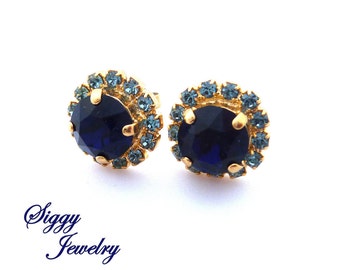 Indigo and Sapphire Halo Earrings, Made with Swarovski Crystals, 8mm Stud-Post, Yellow Gold, Bridesmaids Gift, Free Shipping, Gift Packaged