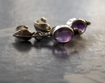 Amethyst Earring Sterling Silver Posts, Leaf Posts, Dainty, Minimalist, Woodland, Dangle drop Earrings, Fall Earrrings, February Birthstone