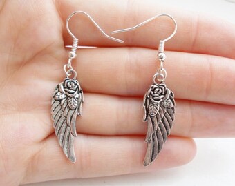 angel wing earrings - silver earrings - simple jewellery - dangle earrings - fashion jewellery - drop earrings - gift for her