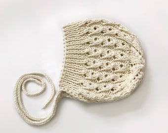 Ivory Spring Melody Bonnet / 100% Cotton Baby Bonnet / Handknit Baby Bonnet