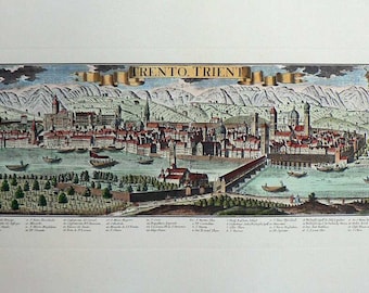City - Trento/Italy - cm. 69 x 33 inches 27,2 x 13 - Printed on high quality paper and water-coloured by hand. Since 1950s