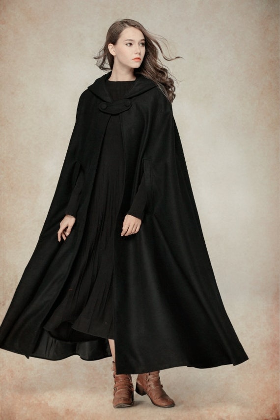 Flare Wool Coat Jacket Black Hooded Cloak Winter Cape Black