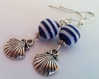 Striped Bead Shell Earrings , Nautical Earrings , Beach Earrings , Shell Earrings , Handmade Jewelry , Handmade Jewellery , Handmade Jewelry