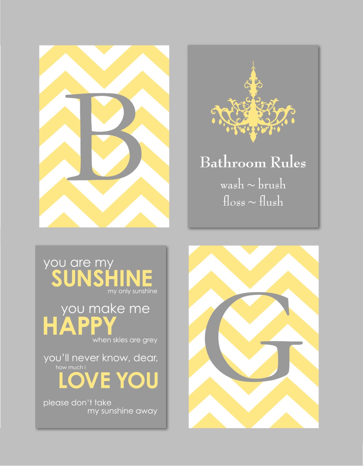 Bathroom Wall Art, Yellow and Gray Decor, Bathroom Rules Sign, Bathroom Decor, You Are My Sunshine, Monogram Prints Set of 5x7s Any Colors Bathroom Wall Art, Yellow and Gray Decor, Bathroom Rules Sign, Bathroom Decor, You Are My Sunshine, Monogram Prints Set of 5x7s Any Colors