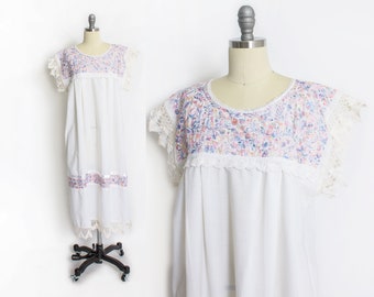 Vintage 1970s Dress - Mexican White Cotton Pastel Embroidered Crotchet Lace - Small / Medium