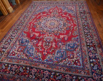 Vintage Persian Mashad Rug, 8'2''x11'3'', Wine/Blue, All wool pile
