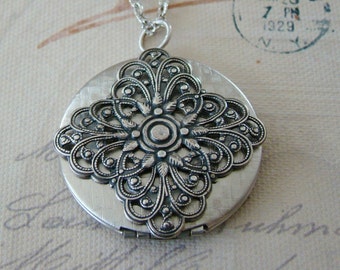 Large Silver Filigree Locket Valentines Day Necklace Wedding Jewelry Bride Birthday Wife Mother Daughter Sister Photo Pictures - Francine