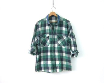 Green Plaid Shirt Cotton Flannel Lumberjack Button Up Pocket Oxford Vintage Denim Collar Rugged Boyfriend Shirt Men's Size Large