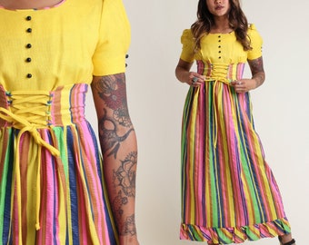 vintage 60s YELLOW + RAINBOW empire LACE up dress size xs / dirndl puff sleeve eastern european hippie dress extra small 1960s 1970s
