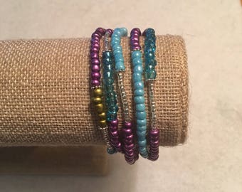 Mardi Gras wrap bracelet, stretchy beaded bracelet, purple/frosty blue/gold/crystals, birthday, seed bead