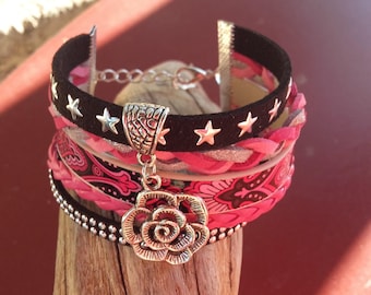Pink and Black Suede flower Cuff Bracelet
