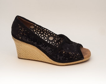 Sequin Black Peeptoe Canvas Weave Wedge Heels Shoes