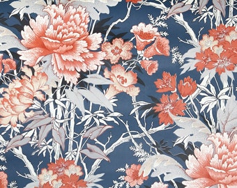 Retro Wallpaper by the Yard 70s Vintage Wallpaper - 1970s Red and Gray Floral on Navy Blue