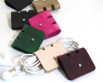Personalized Initial,Cable organizer,leather cord holder,Cable Winder,USB,Earphone holder,dad,fathers day,mens gift, boyfriend,birthday,kids