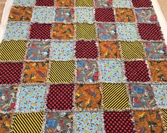 Rag Quilt Construction Trucks Tools Construction Zone Blanket 50" X 56" Cotton Flannel Baby Toddler Boy Girl Birthday Baby Shower