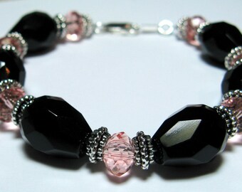 Black Onyx, Swarovski Crystal and Sterling Silver Bracelet - B105