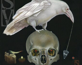 White Raven and Skull Original Oil Painting by Susan Van Sant 6x6 occult skull crow raven art