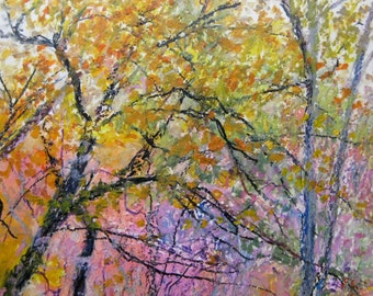 Tree Art Painting Oil Pastel Original Cradled Panel Gift Idea Handmade Wall Home Office Decor Season Forest