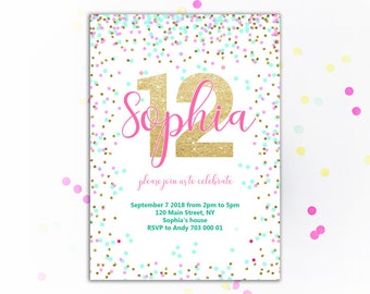 12th Birthday Invitation Pink Teal Gold Confetti Birthday Invitation Girl Birthday Invitations Printable Twelfth Birthday Invites Rainbow