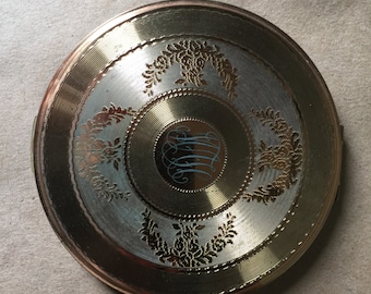 Gold-tone Metal Powder Compact Mirror with Cloth Bag 1960s Vintage Make-up