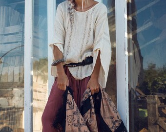 Womens Clothing-Oversized Top-White Blouse-Long Sleeve Shirt-Boho Top-Bohemian Clothing- White Tops