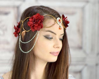 Elven Crown, Silver and Red, Elven Headdress, Fairy Crown, Costume Headpiece, Headdress, Flower Crown, Floral Crown, Woodland