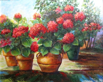 RED GERANIUMS, an original acrylic floral painting