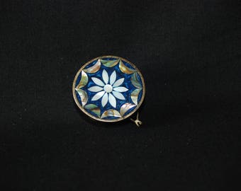 Alpaca flower pill box - vintage mother of pearl round snuff box - trinket jewelry box - abalone mexico silver mother of pearl accessory