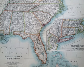 1907 UNITED STATES (south-east) Large original antique map, cartography, historical map, wall decor, home decor, W & A. K Johnston Atlas