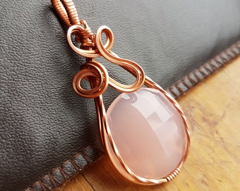 Rose Quartz Pendant wrapped in Bare Copper wire
