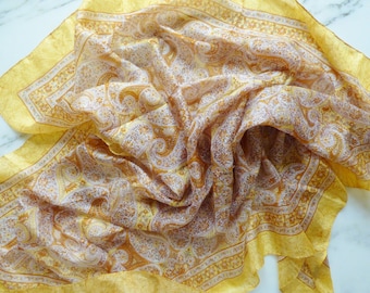Vintage Silk Scarf Yellow Paisley Large silk Scarf