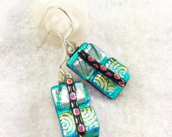 Dichroic glass jewelry, fused dichroic earrings, green jewelry, handmade gifts, trending now, Hana Sakura, short style earrings,glass fusion