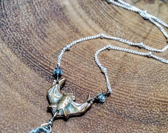 Gothic Bat Aquamarine Y Necklace