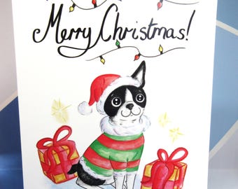 Boston Terrier Christmas Card - White
