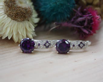 Sterling silver earrings with violet gems, Violet sterling silver earrings, Violet earrings, Emroidery pattern sterling silver earrings