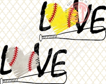 Love Baseball or Softball with bat and heart Editable vector Cut File .eps .ai .svg and .pdf formats included INSTANT download