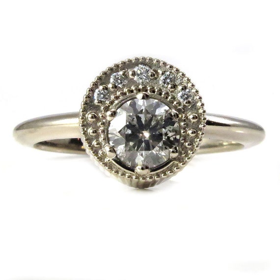 Grey Diamond Or Gray Moissanite Crescent Moon Engagement Ring - Pick your Stone - 14k Palladium White Gold