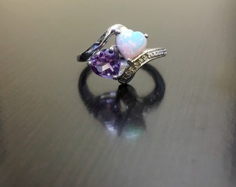 Sterling Silver Amethyst Diamond Opal Engagement Ring - Opal Heart Diamond Wedding Ring - Diamond Amethyst Heart Opal Ring - Amethyst Ring