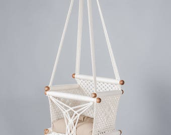 Baby Swing Chair in Macrame made in cream color Cotton and Sustainable native wood
