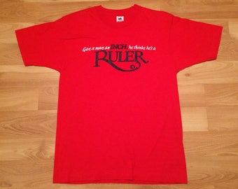 Large 80's Virginia Slims Cigarettes men's vintage promo T shirt red Give A Man An Inch He Thinks He's A Ruler You've Come A Long Way Baby