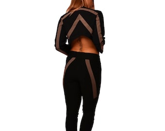 Two-piece set/ Jacket+Leggings set/ Boho set/ Yoga leggings/ Short jacket/ Cropped jacket/ Boho jacket/ Long pants/ Asymmetric jacket
