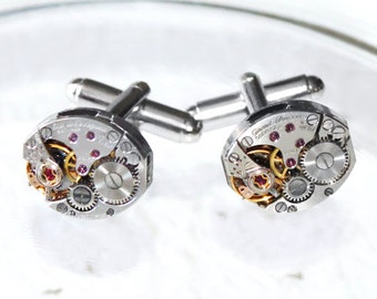 GIRARD PERREGAUX Steampunk Watch Cufflinks - Prestigious Swiss Vintage Silver Watch Movement Men Steampunk Cufflinks Wedding Gift Jewelry