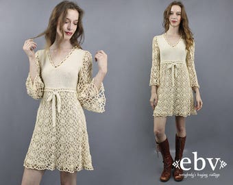 Crochet Dress Bell Sleeve Dress Hippie Dress Hippie Wedding Dress Hippy Dress 70s Mini Dress 1970s Dress Babydoll Dress Festival Dress XS S
