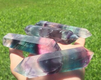 Gorgeous RAINBOW FLUORITE Crystal Wand With Green & Purple Swirls. 1 (One) Double Terminated (Dt) Faceted Fluorite Point Reiki Metaphysical